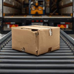 Un gros plan sur un colis en carton légèrement abîmé (un coin enfoncé) posé sur un tapis roulant de logistique sortant d'un camion.